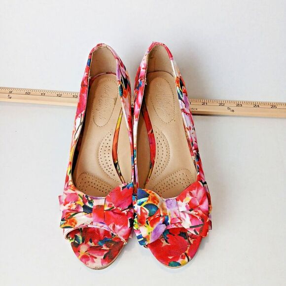 Dexflex Comfort Floral Cork Wedge Bow Heels Peep Toe Sz 8W Women’s Dinner Party - Picture 1 of 10